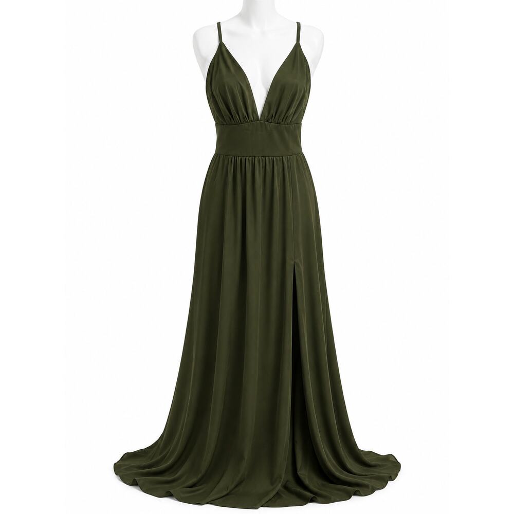Olive Green Open Back Maxi Dress Plunge Tie Back Formal Wedding Guest Dress M